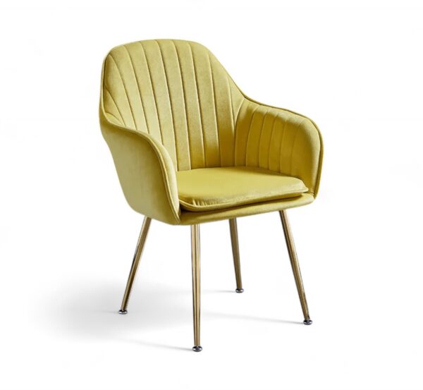 Sleek yellow velvet chair with curved back and gold-finish legs