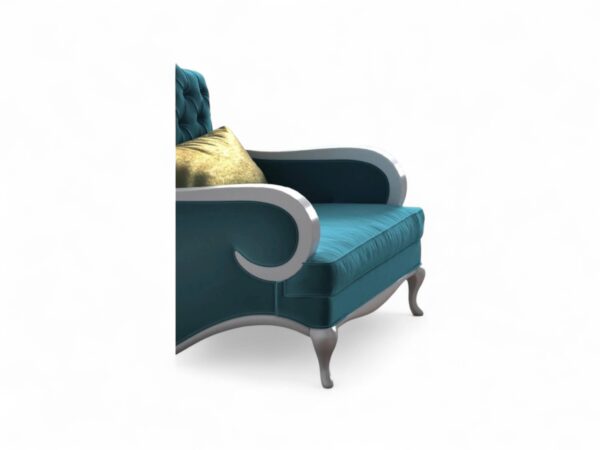 Regal vintage chair with plush upholstery and sculpted wooden frame