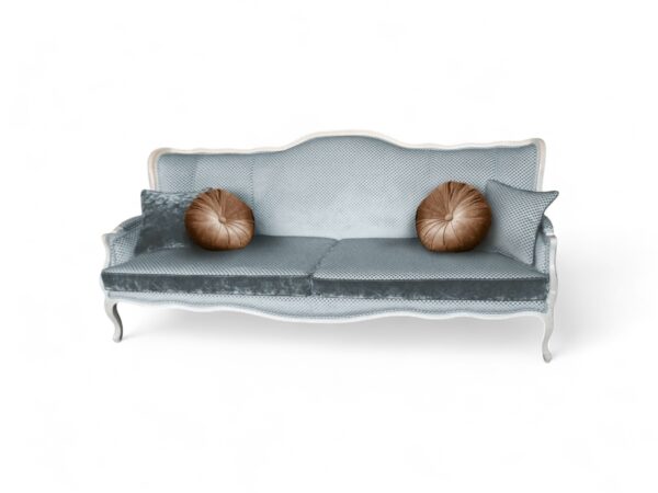 Elegant blue velvet 3-seater sofa with bronze round pillows