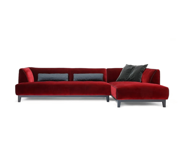 Luxury velvet sofa with chaise extension and plush seating
