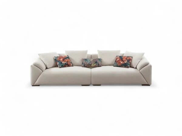 High-End Luxe Sofa in neutral fabric upholstery with plush cushions