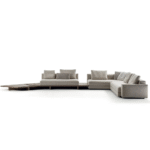 Luxura Corner Sofa with integrated wooden table and neutral fabric