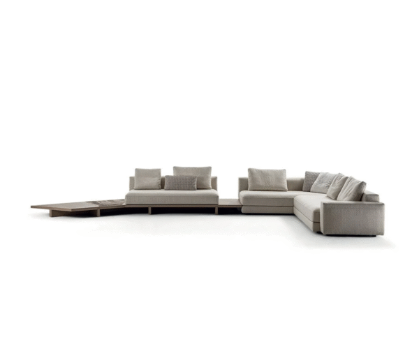 Luxura Corner Sofa with integrated wooden table and neutral fabric
