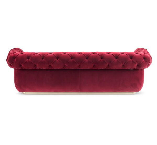 Classic rolled-arm velvet sofa in deep red, perfect for upscale interiors