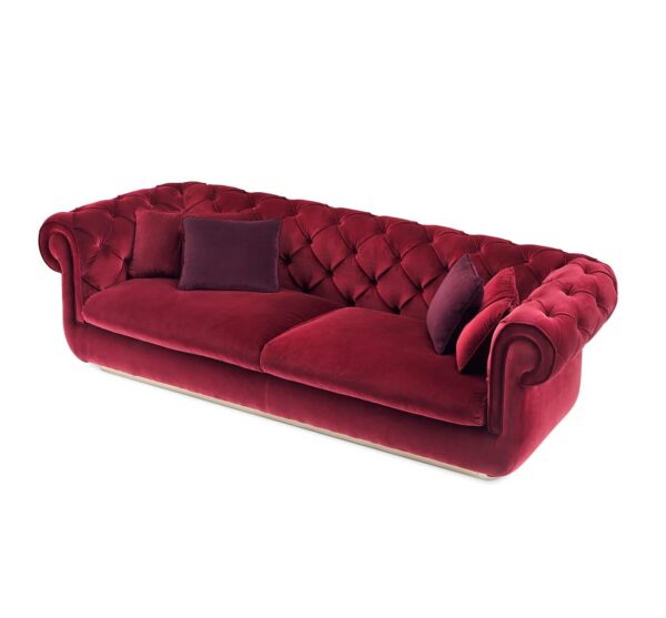 Chesterfield Velvet Sofa with tufted backrest and rolled arms in rich burgundy