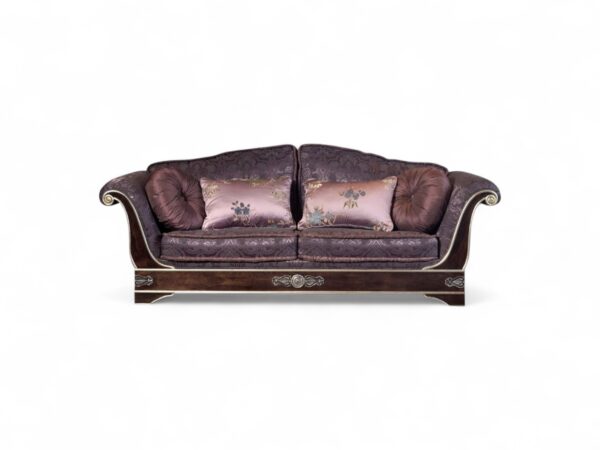 Art Deco Style Sofa with intricate floral upholstery and metallic accents