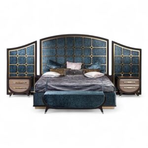 Palatial Archway Bed with grand arched headboard and sculpted side panels in rich textured upholstery