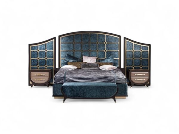 Palatial Archway Bed with grand arched headboard and sculpted side panels in rich textured upholstery