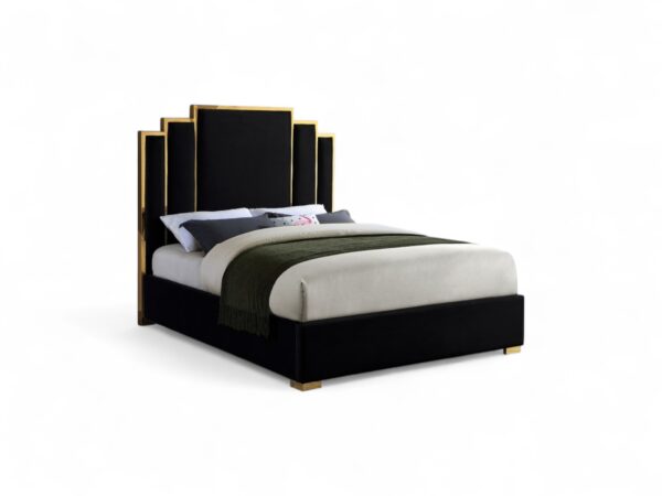 Art Deco inspired bed with bold geometric headboard in gold and black