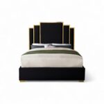 Noir Deco Bed with black velvet tiered headboard and gold trim