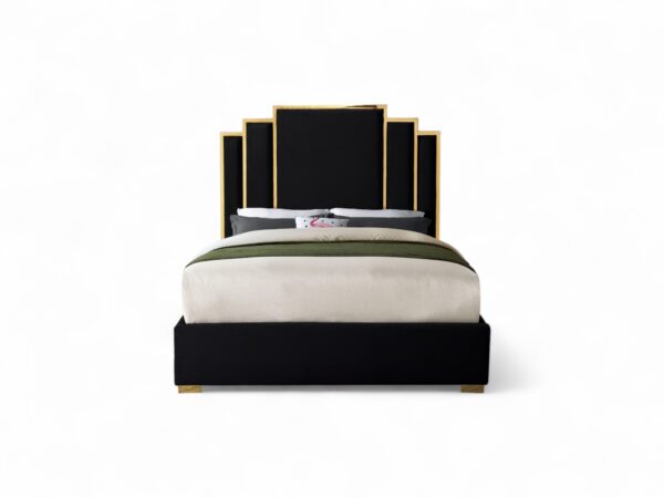 Noir Deco Bed with black velvet tiered headboard and gold trim