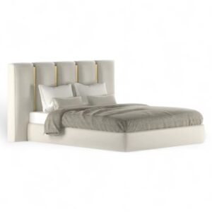 Cloud Vale Bed with tall plush headboard and soft cream fabric
