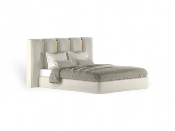 Cloud Vale Bed with tall plush headboard and soft cream fabric