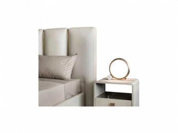 Modern bed in matte cream fabric with padded headboard