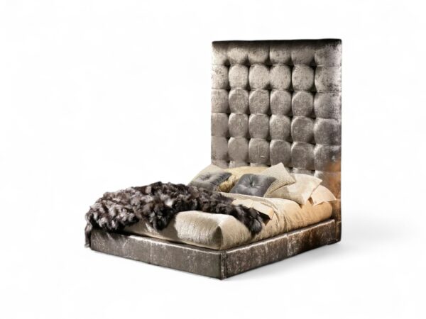 Luxury Ultra Tall Silver Bed in velvet upholstery