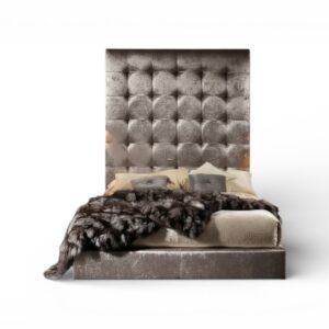 Luxury Ultra Tall Silver Bed in velvet upholstery