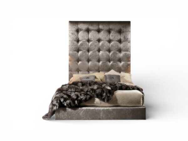 Luxury Ultra Tall Silver Bed in velvet upholstery