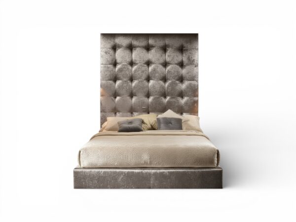 Luxury Ultra Tall Silver Bed in velvet upholstery