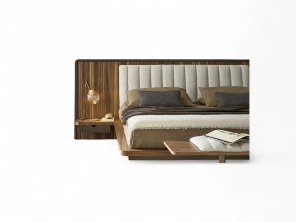 Contemporary velvet bed with clean lines and minimalist design