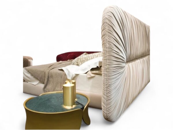 Modern upholstered bed with plush pleated headboard design