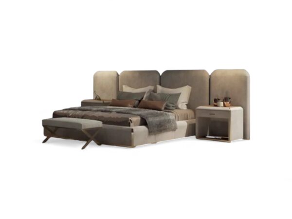 Dune Grace Bed with sculpted panel headboard and taupe fabric