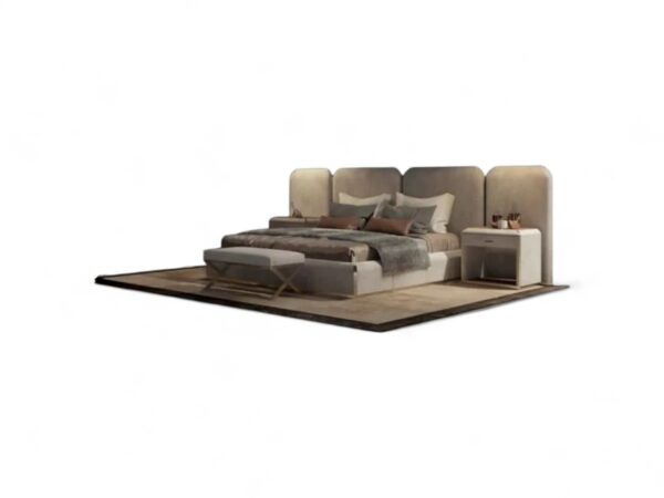 Upholstered bed with matching bench and minimalist nightstand