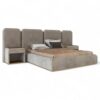 Taupe upholstered bed with soft lines and geometric form