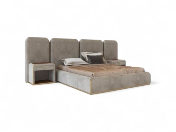 Taupe upholstered bed with soft lines and geometric form