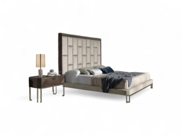 Luxe bed with tall geometric headboard for modern interiors