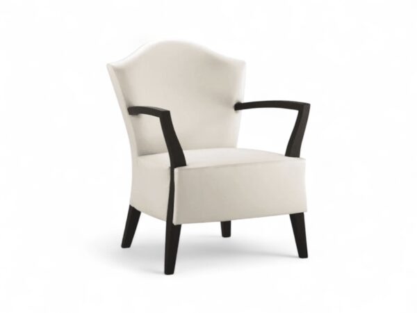Snowveil Chair with ivory upholstery and dark wood arms