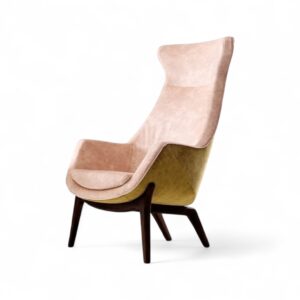 Art Deco Armchair with soft blush and olive green velvet upholstery