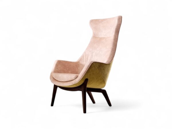 Art Deco Armchair with soft blush and olive green velvet upholstery