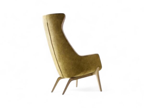 High-back velvet armchair with tapered wooden legs in Art Deco style