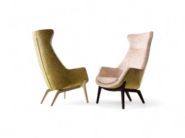 Art Deco accent chair with ergonomic design and wood base