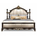 High-End Luxurious Ornate Bed with hand carvings and plush upholstered headboard