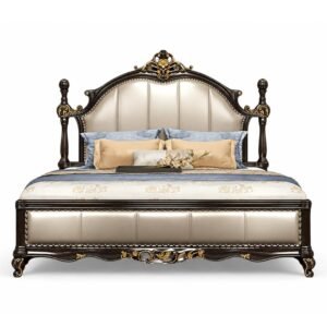 High-End Luxurious Ornate Bed with hand carvings and plush upholstered headboard