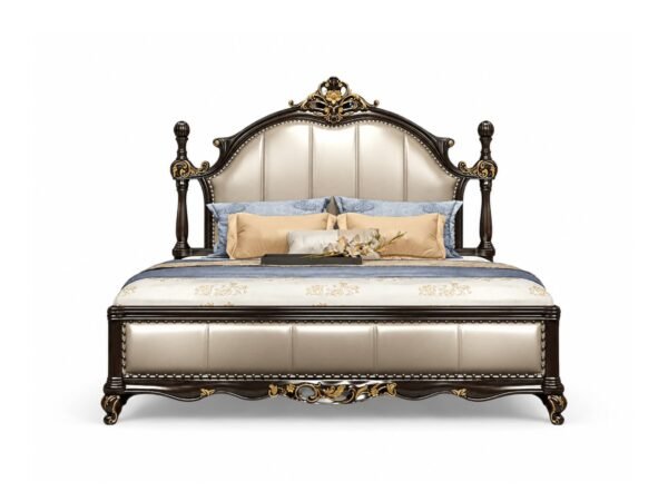 High-End Luxurious Ornate Bed with hand carvings and plush upholstered headboard