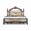 High-End Luxurious Ornate Bed with regal carvings and plush upholstered headboard