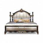 High-End Luxurious Ornate Bed with regal carvings and plush upholstered headboard