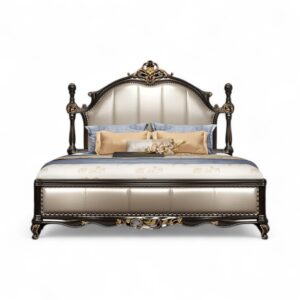 High-End Luxurious Ornate Bed with regal carvings and plush upholstered headboard