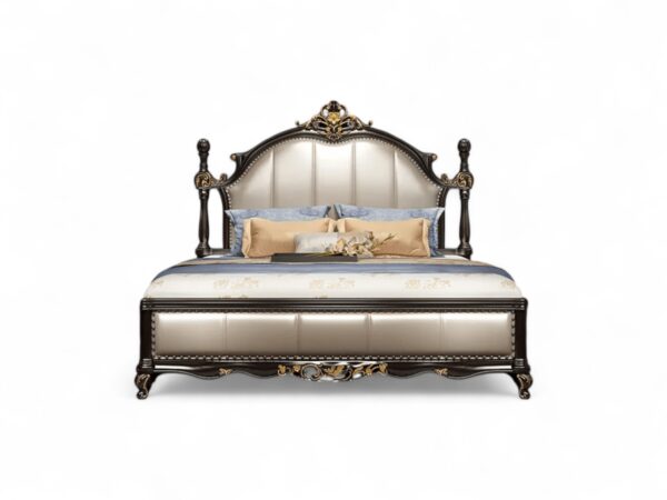 High-End Luxurious Ornate Bed with regal carvings and plush upholstered headboard
