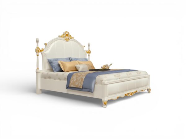 High-End Luxurious Ornate Bed with regal carvings and plush upholstered headboard