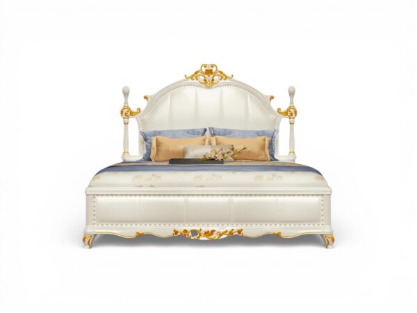 High-End Luxurious Ornate Bed with regal carvings and plush upholstered headboard