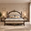 High-End Luxurious Ornate Hand carved Bed with heavy carvings and plush upholstered headboard