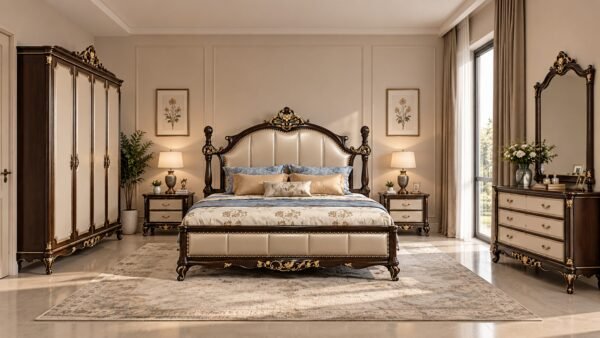 High-End Luxurious Ornate Hand carved Bed with heavy carvings and plush upholstered headboard