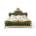 Emerald Royal Carved Bed with green tufted leatherette and gold accents