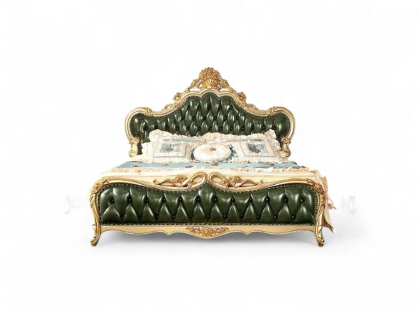 Emerald Royal Carved Bed with green tufted leatherette and gold accents