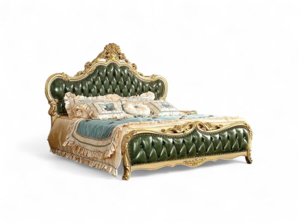 Luxurious baroque-style bed in emerald green with ornate carvings