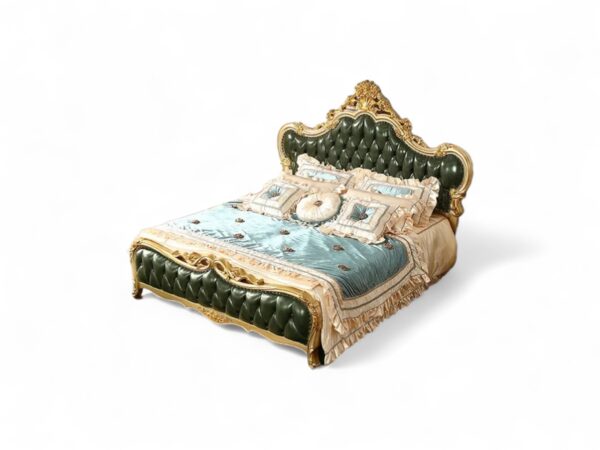 Emerald Royal Carved Bed featuring a sculpted gold frame and padded headboard
