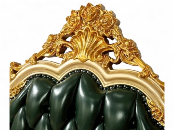Regal green leather bed with detailed woodwork and tufting